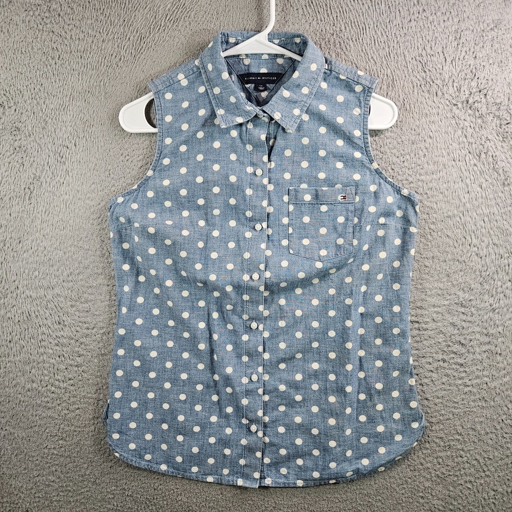 Tommy Hilfiger Sleeveless Shirt Top Women Small Button Up Polka Dot Blue
